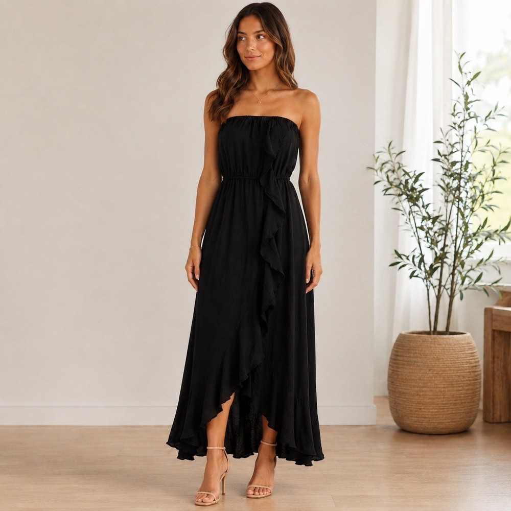 MUDD Black Strapless Ruffle Maxi Dress XL High Low Hem Boho Resort CoverUp Flowy